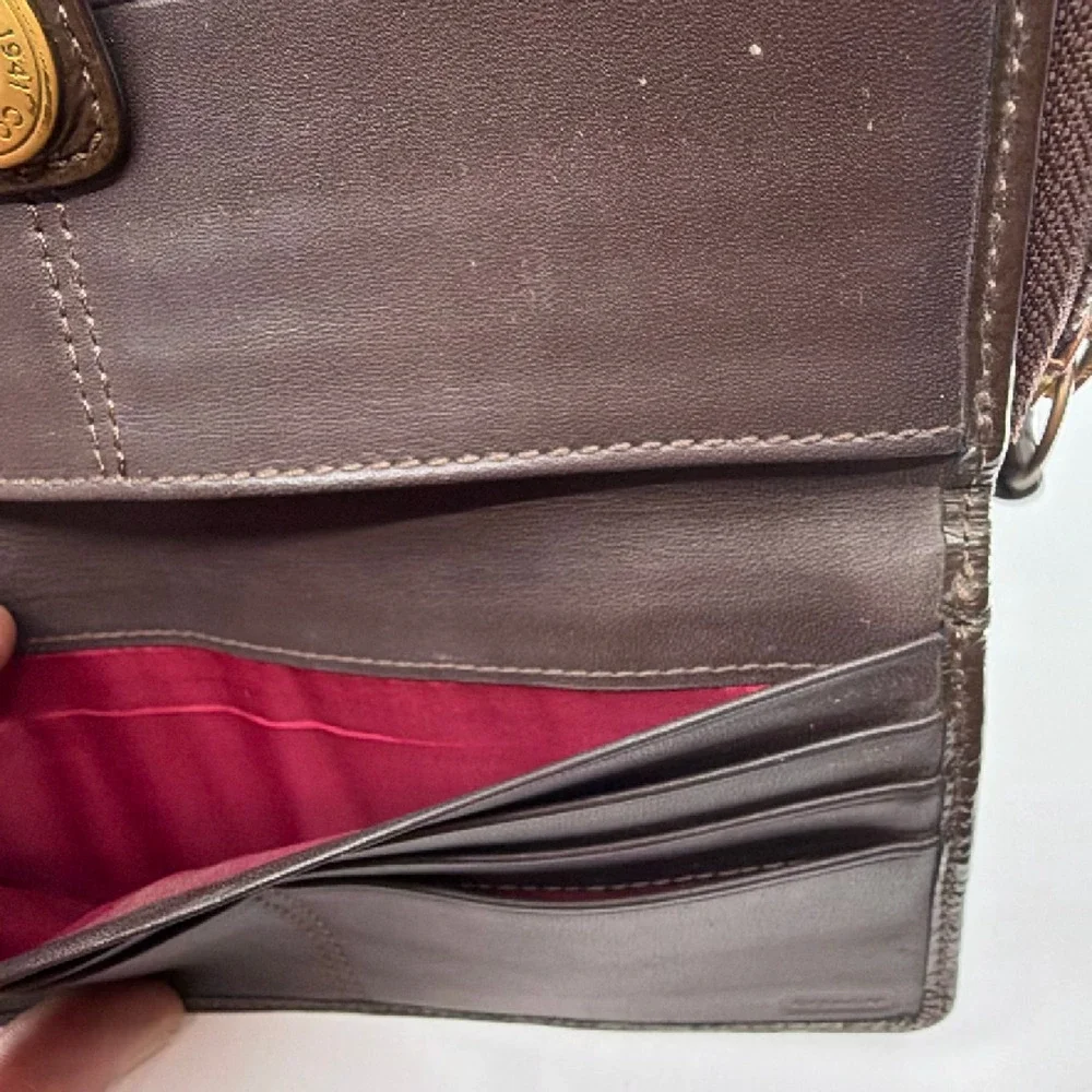 Coach Mixed Material Continental Brown Signature Canvas Leat